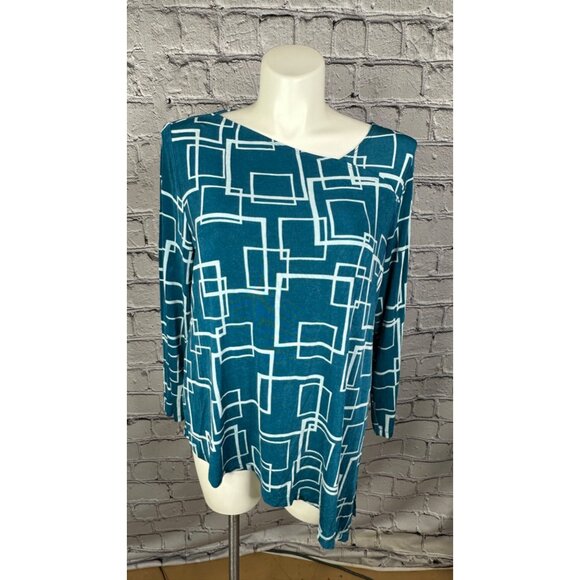 Chicos 3 Travelers XL 16/18 Blue Geometric Print 3/4 Sleeve Asymmetrical Top - Picture 4 of 9